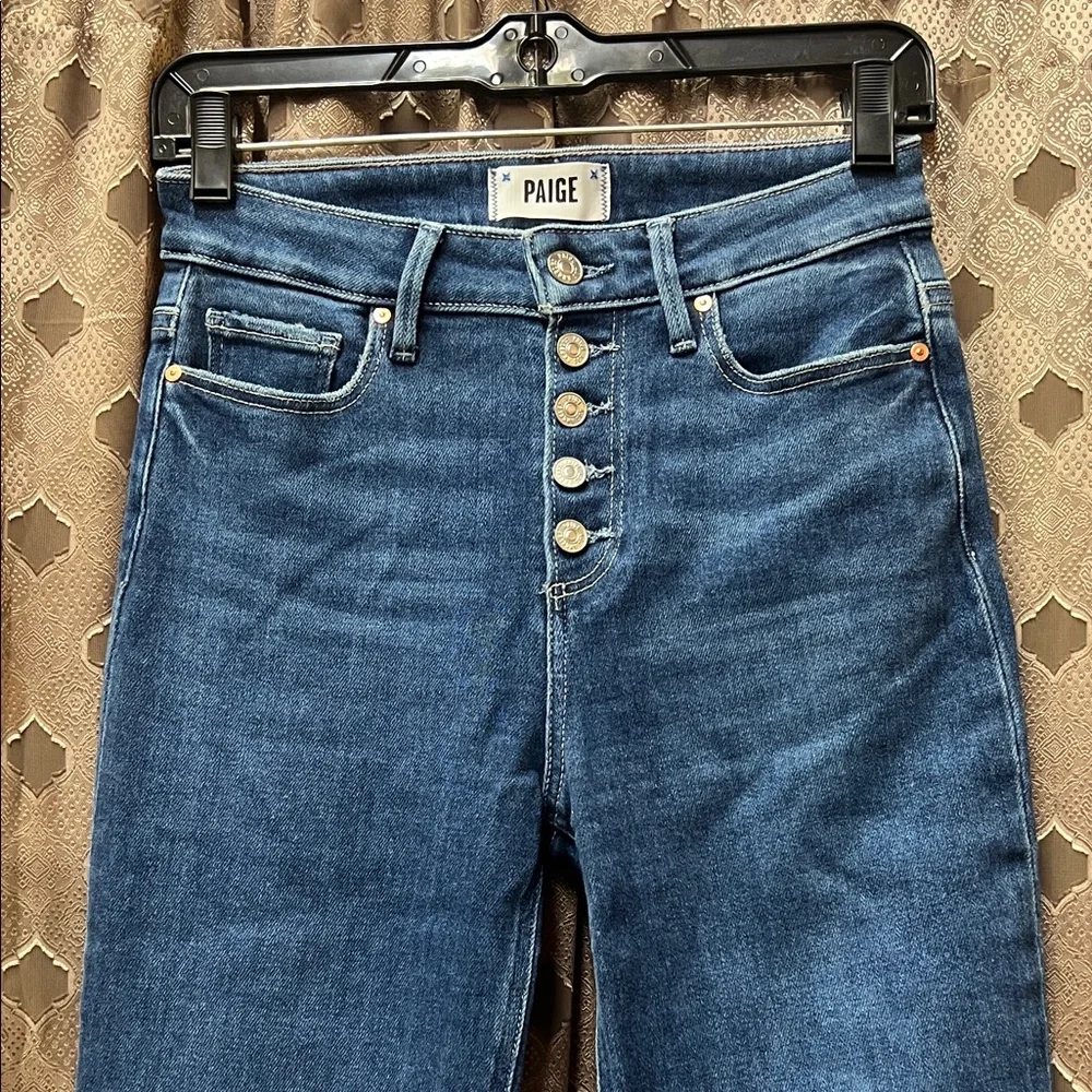 PAIGE High Rise Button-Fly Jeans in Dark Blue - Picture 3 of 14